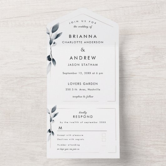 Elegant Blue Botanical All in One Wedite Einladung (Innen Boden)