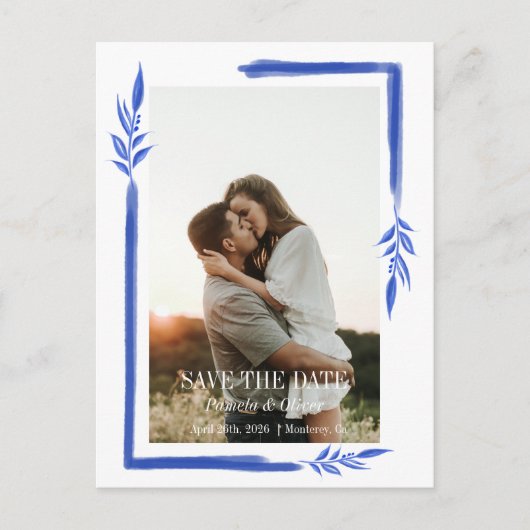 Elegant Blue Botanical Save the Date Postkarte (Vorderseite)