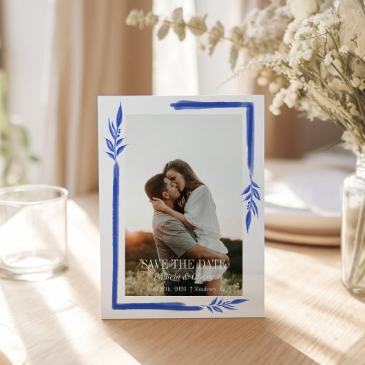 Elegant Blue Botanical Save the Date Postkarte