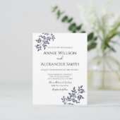 Elegant Blue Botanical Wedding Einladung Postkarte (Stehend Vorderseite)