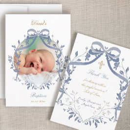 elegant blue bow Baptism small thank you card Einladung