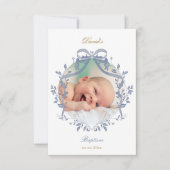 elegant blue bow Baptism small thank you card Einladung (Vorderseite)