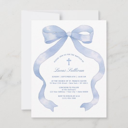 Elegant Blue Bow Baptisse Einladung (Vorderseite)