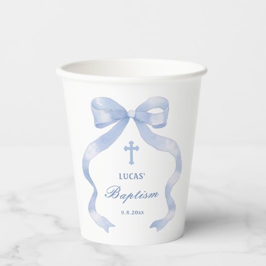 Elegant Blue Bow Baptisse Pappbecher (Vorderseite)
