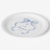 Elegant Blue Bow Baptisse Pappteller (Schrägansicht)
