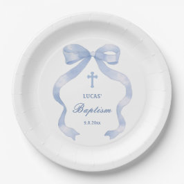 Elegant Blue Bow Baptisse Pappteller