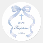 Elegant Blue Bow Baptisse Runder Aufkleber (Vorderseite)