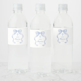 Elegant Blue Bow Baptisse Wasserflaschenetikett