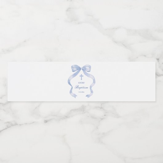 Elegant Blue Bow Baptisse Wasserflaschenetikett (Einzelnes Label)