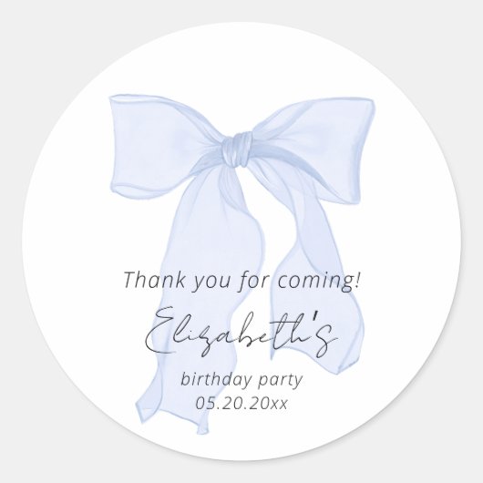Elegant Blue Bow Birthday Vielen Dank Runder Aufkleber (Vorderseite)