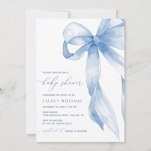 Elegant Blue Bow Boy Baby Shower Einladung (Vorderseite)