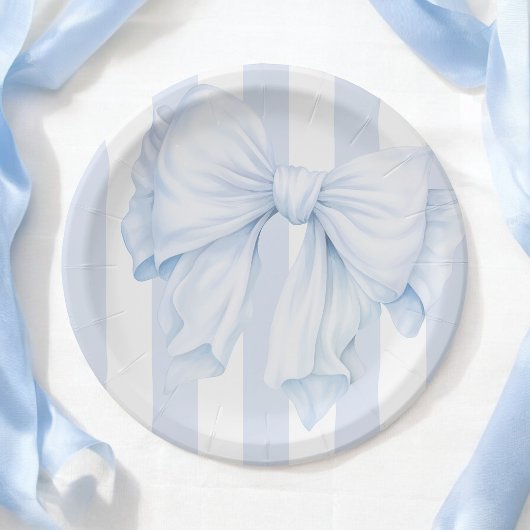 Elegant Blue Bow Boy Baby Shower Pappteller