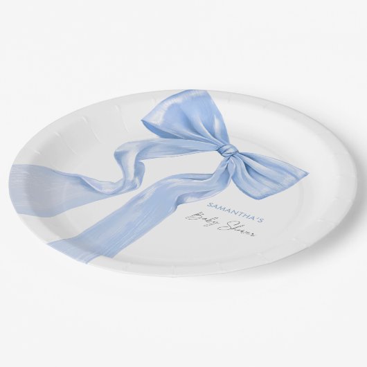 Elegant Blue Bow Coquette Baby Shower Pappteller (Schrägansicht)