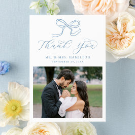Elegant Blue Bow Foto Wedding Dankeskarte