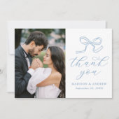 Elegant Blue Bow Foto Wedding Dankeskarte (Vorderseite)