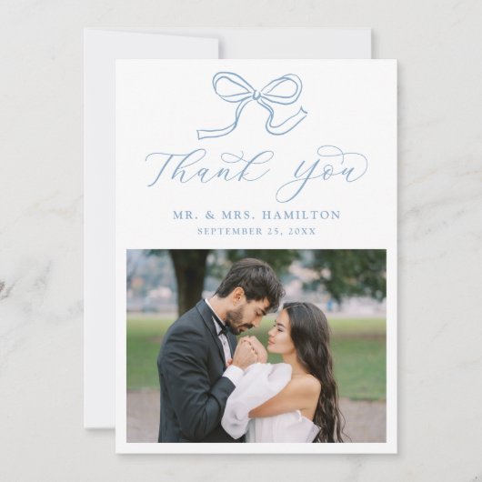Elegant Blue Bow Foto Wedding Dankeskarte (Vorderseite)