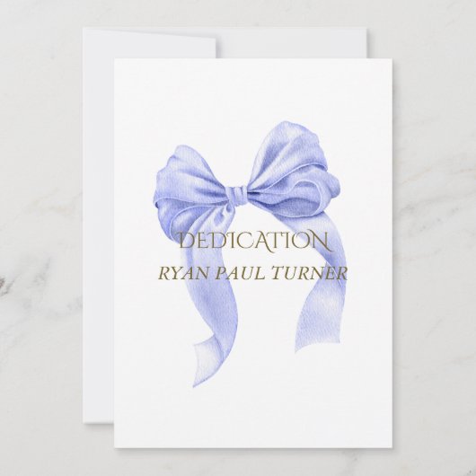 Elegant Blue Bow Gold Boy Dedication Einladung (Rückseite)