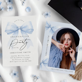 Elegant Blue Bow Graduation Photo Invitation Einladung