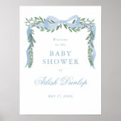 Elegant Blue Bow Greenery Boy Baby Shower Willkomm Poster (Vorne)