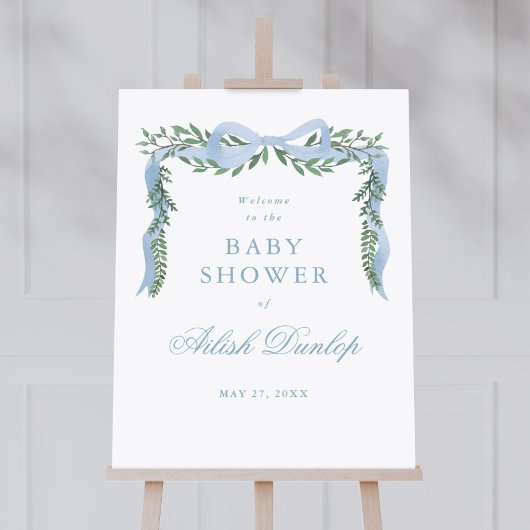 Elegant Blue Bow Greenery Boy Baby Shower Willkomm Poster