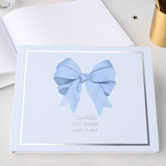Elegant Blue Bow It's a Boy Baby Shower Silver Gästebuch