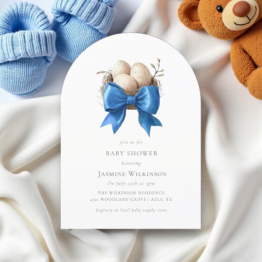 Elegant Blue Bow Nest Baby Shower Einladung