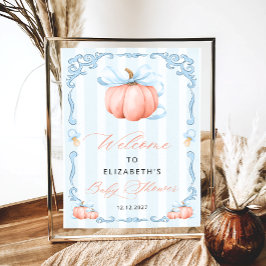 Elegant Blue Bow Niedlich Pumpkin Baby Shower Poster