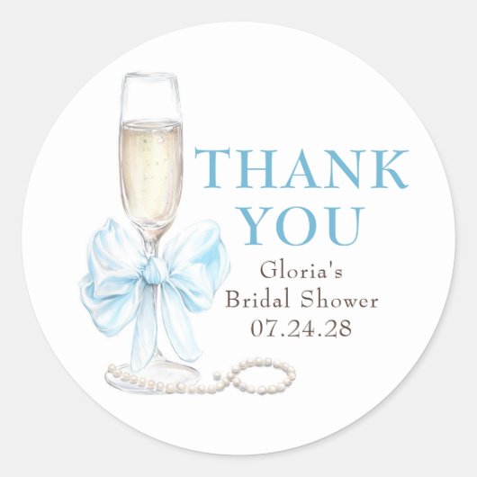 Elegant Blue Bow Prosecco Bridal Shower Thank You Runder Aufkleber (Vorderseite)