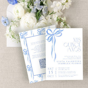 Elegant Blue Bow QR Mis Quince Años Quinceañera Einladung