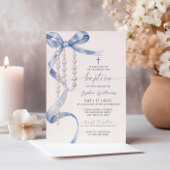 Elegant Blue Bow & Rosary Baptisse Einladung