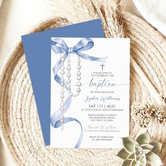 Elegant Blue Bow & Rosary Baptisse Einladung