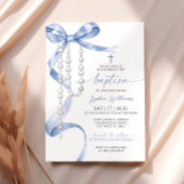 Elegant Blue Bow & Rosary Baptisse Einladung