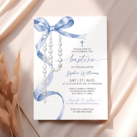 Elegant Blue Bow & Rosary Baptisse Einladung