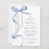 Elegant Blue Bow & Rosary Baptisse Einladung (Vorderseite)