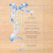 Elegant Blue Bow & Rosary Dedication Acryleinladungen (Vorderseite)