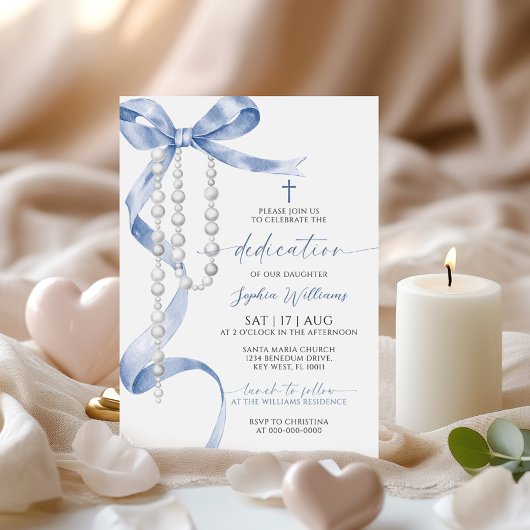 Elegant Blue Bow & Rosary Dedication Einladung