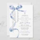 Elegant Blue Bow & Rosary First Holy Communion Einladung (Vorderseite)