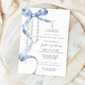 Elegant Blue Bow & Rosary First Holy Communion Einladung