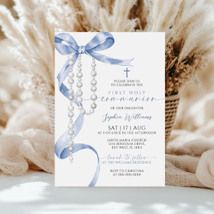 Elegant Blue Bow & Rosary First Holy Communion Einladung