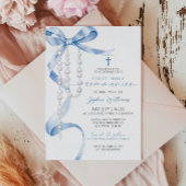 Elegant Blue Bow & Rosary First Holy Communion Einladung