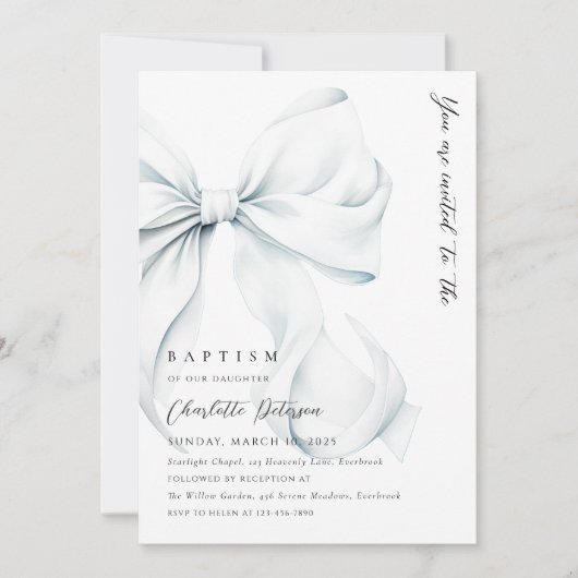 Elegant Blue Bow Taufen Einladung (Vorderseite)