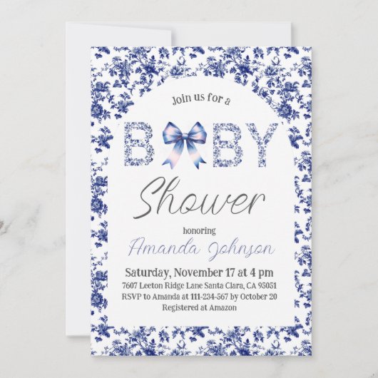 Elegant Blue Bow Toile de Jouy Floral Baby Shower Einladung (Vorderseite)