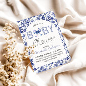 Elegant Blue Bow Toile de Jouy Floral Baby Shower Einladung