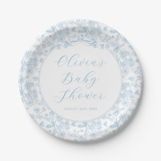 Elegant Blue Bow Vintage Floral Boy Baby Shower Pappteller