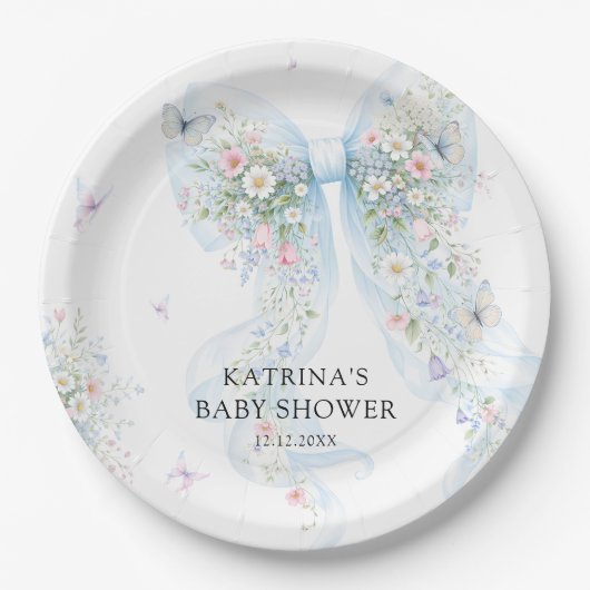 Elegant Blue Bow Wildflower Baby Shower Pappteller (Vorderseite)