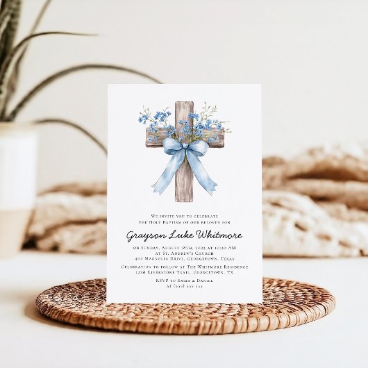 Elegant Blue Bow Wildflowers Baptism Einladung