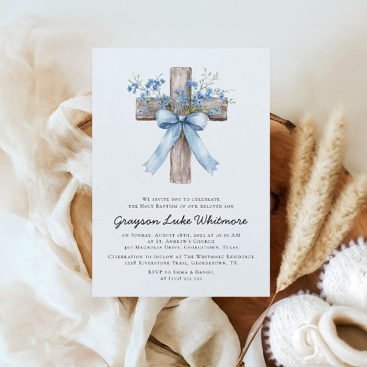 Elegant Blue Bow Wildflowers Baptism Einladung