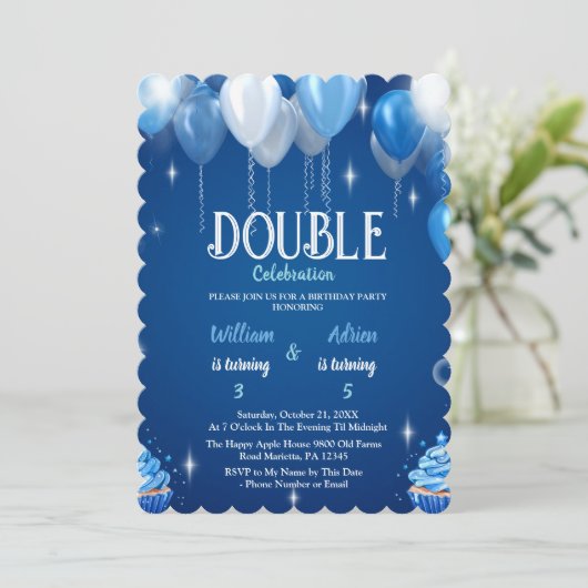 Elegant Blue Boys Double Birthday anpassbar Einladung (Stehend Vorderseite)