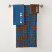Elegant Blue &Brown Abstract Pattern Custom Name Badhandtuch Set (Insitu)