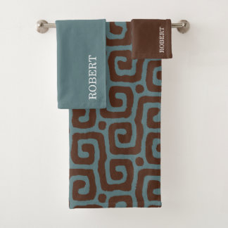 Elegant Blue &Brown Abstract Pattern Monogram Badhandtuch Set